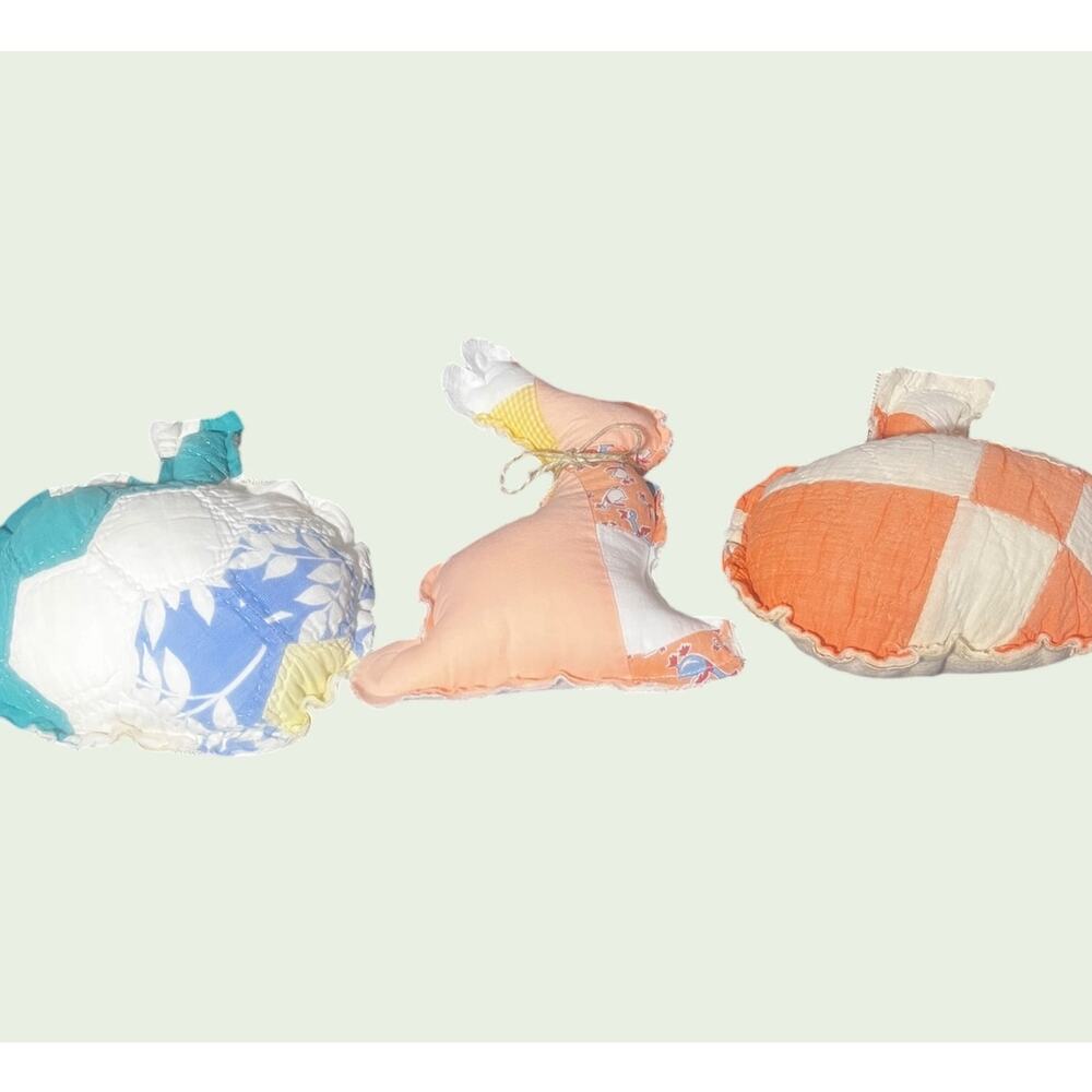 Two Quilted Multicolor Pumpkins Pillows 7x7" & a Quilted Bunny 9x6" Pillow NWOT
